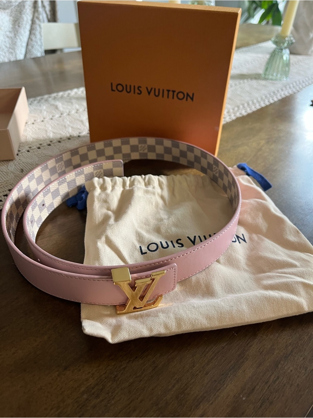 Louis Vuitton Pink Leather Reversible Belt with Gold LV Buckle